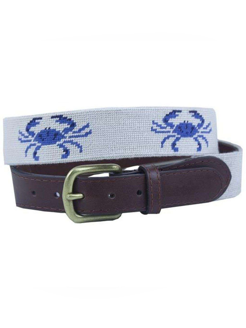 Smathers & Branson Blue Crabs Needlepoint Belt Oatmeal Leather Size 28